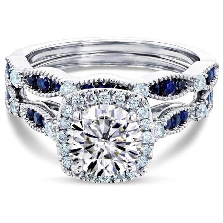 Kobelli Round Moissanite and Blue Sapphire Bridal Set