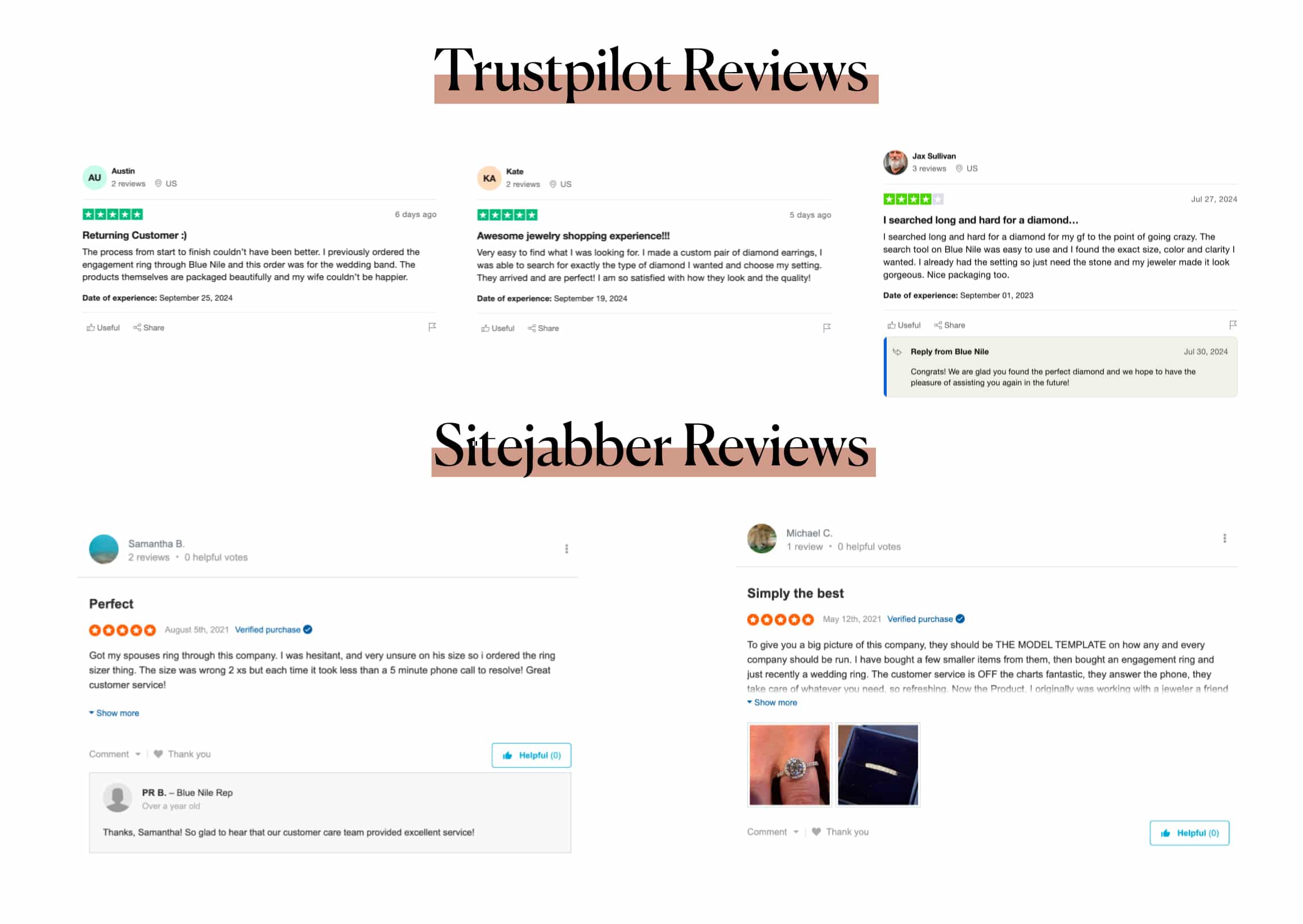 A collage of 5-star Blue Nile customer reviews from Trustpilot and Sitejabber, highlighting positive experiences with craftsmanship and customer service.