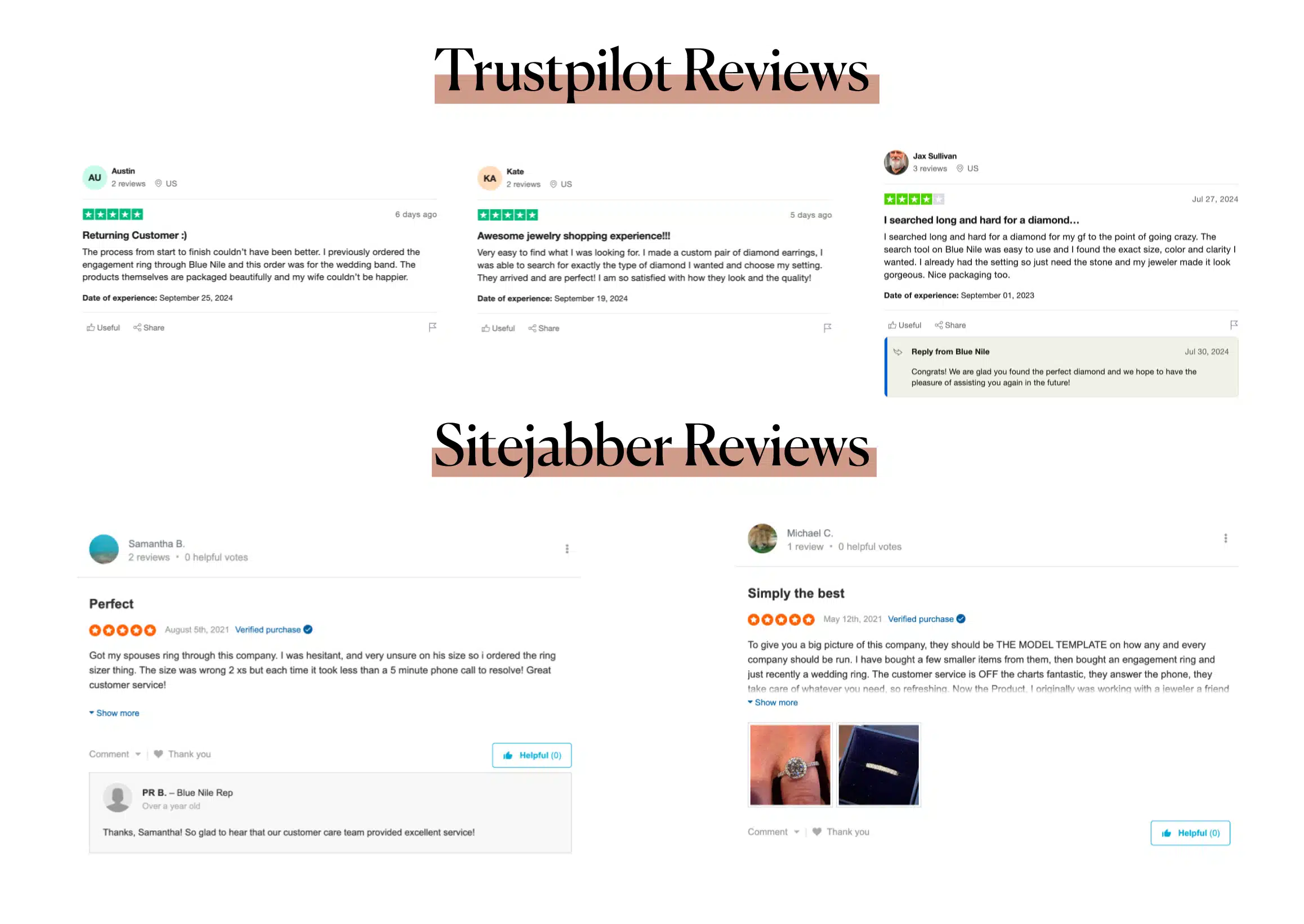 A collage of 5-star Blue Nile customer reviews from Trustpilot and Sitejabber, highlighting positive experiences with craftsmanship and customer service.