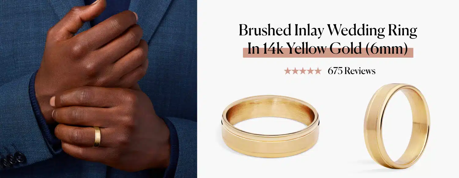 A man wearing the Brushed Inlay Wedding Ring in 14k Yellow Gold from Blue Nile, alongside two studio photos of the men's wedding band.