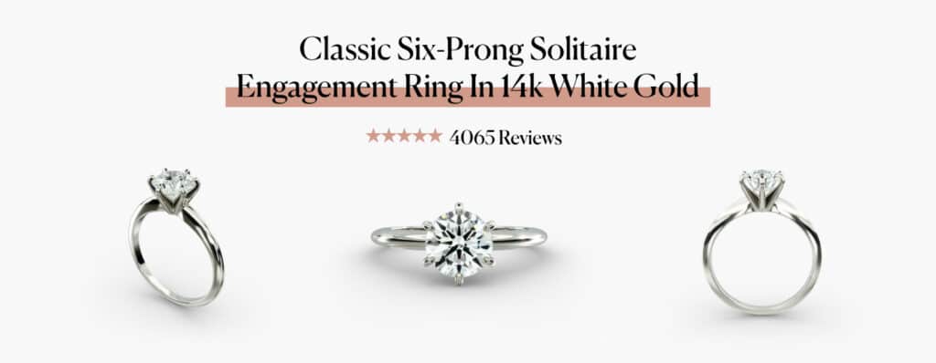 Studio shots of the Blue Nile Classic Six-Prong Solitaire Engagement Ring in 14k White Gold from three different angles, highlighting its 4065 customer reviews.