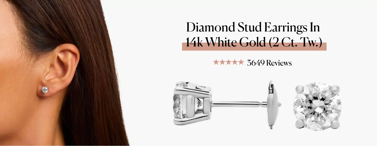 A model wearing Blue Nile's Diamond Stud Earrings in 14k White Gold, placed next to studio shots of the 2 Ct. Tw. product from the side and front.