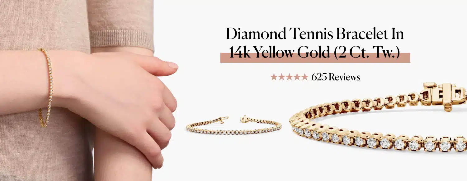 A model wearing the classic Diamond Tennis Bracelet in 14k Yellow Gold from Blue Nile, next to detailed studio shots of the bracelet and its clasp.