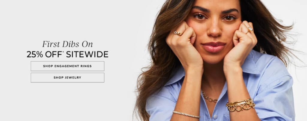 A promotional banner from the James Allen website, showing a model wearing jewelry and advertising a '25% OFF SITEWIDE' sale.