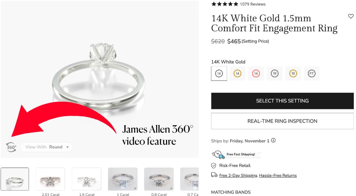 Promotional banner for the James Allen Real-Time Interactive Diamond Inspection service, showing a diamond in tweezers and explaining the one-on-one expert consultation.