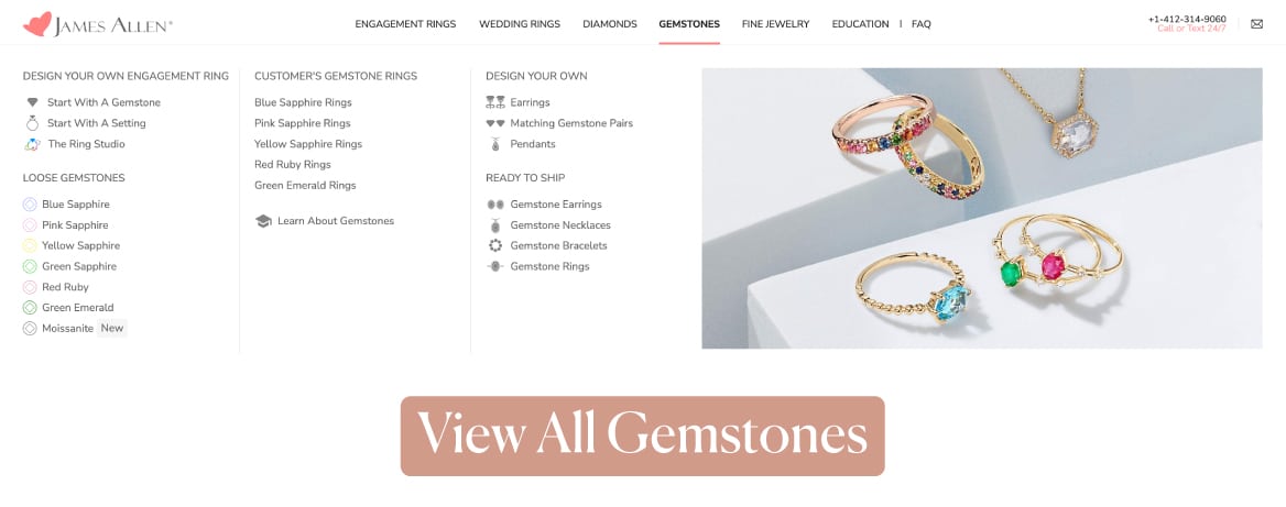 A screenshot of the James Allen website's 'Gemstones' menu, showcasing their offerings of sapphires, rubies, emeralds, and the newly added 'Moissanite' category.