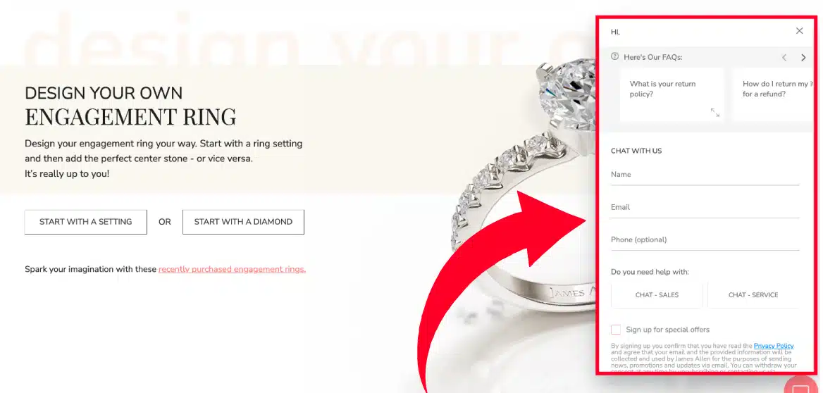 A screenshot of the James Allen website with a red arrow pointing to the 24/7 customer service live chat feature, highlighting its accessibility.