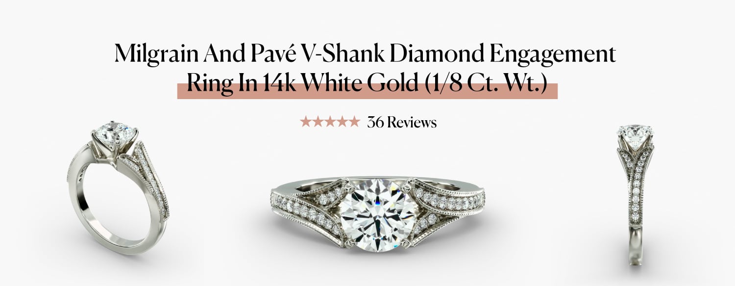 Three studio shots of the intricate Milgrain and Pavé V-Shank Diamond Engagement Ring from Blue Nile, showing its side profile and vintage details.