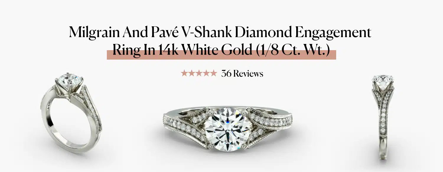 Three studio shots of the intricate Milgrain and Pavé V-Shank Diamond Engagement Ring from Blue Nile, showing its side profile and vintage details.