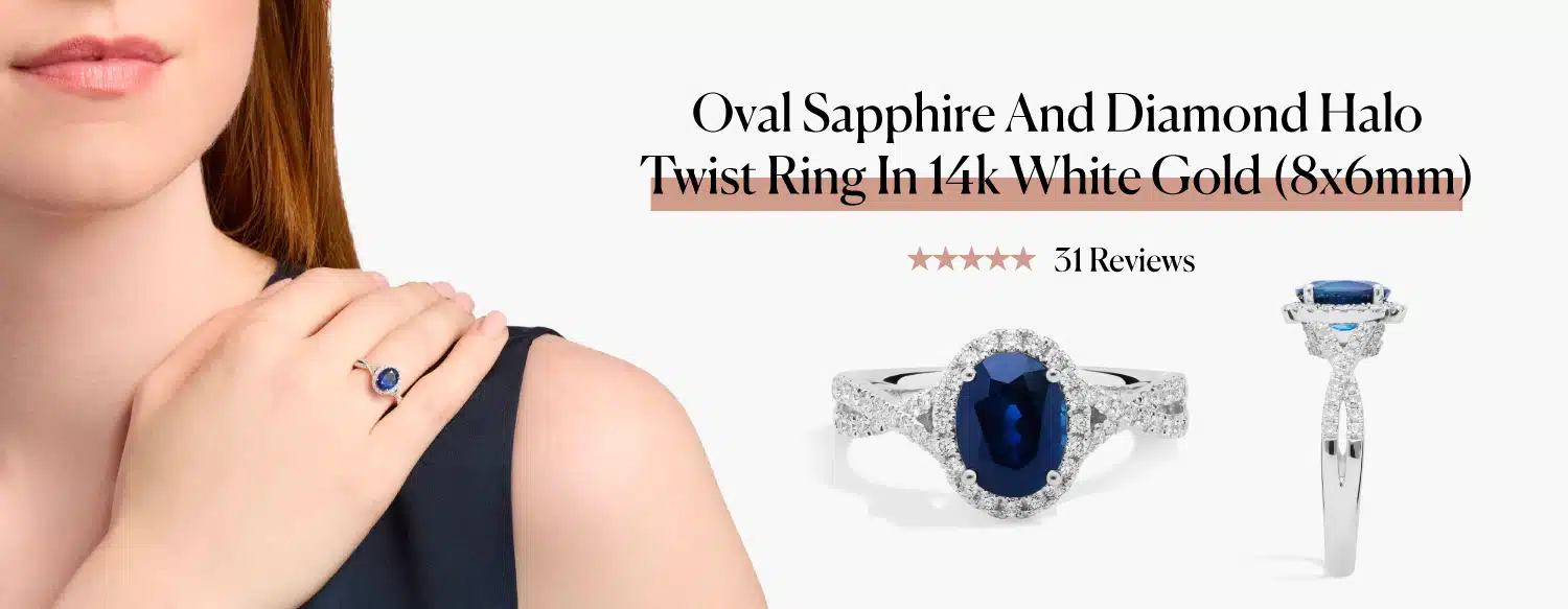 The Oval Sapphire and Diamond Halo Twist Ring in 14k White Gold from Blue Nile, shown on a model's hand and in two studio photos.