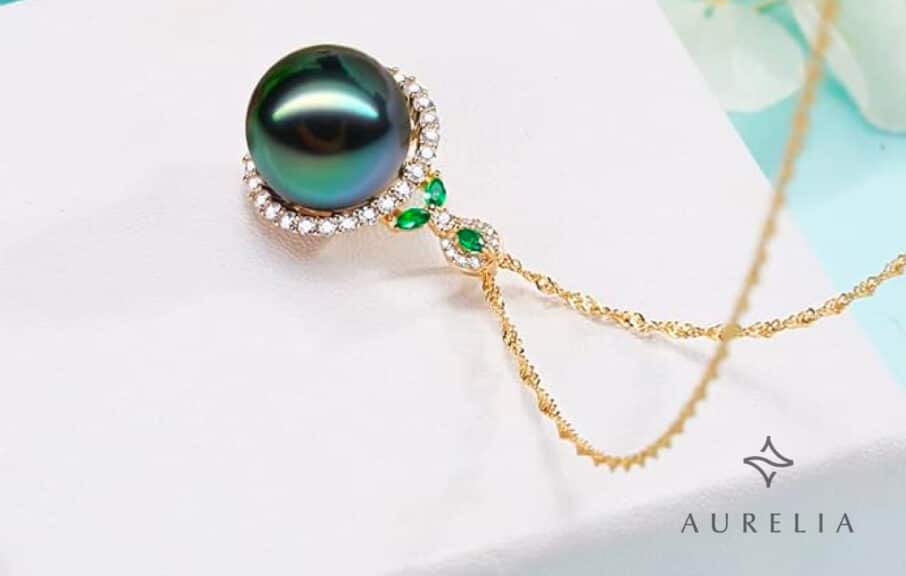 11-12mm Tahitian Black Pearl Necklace in Sterling Silver with 18K Gold Plating