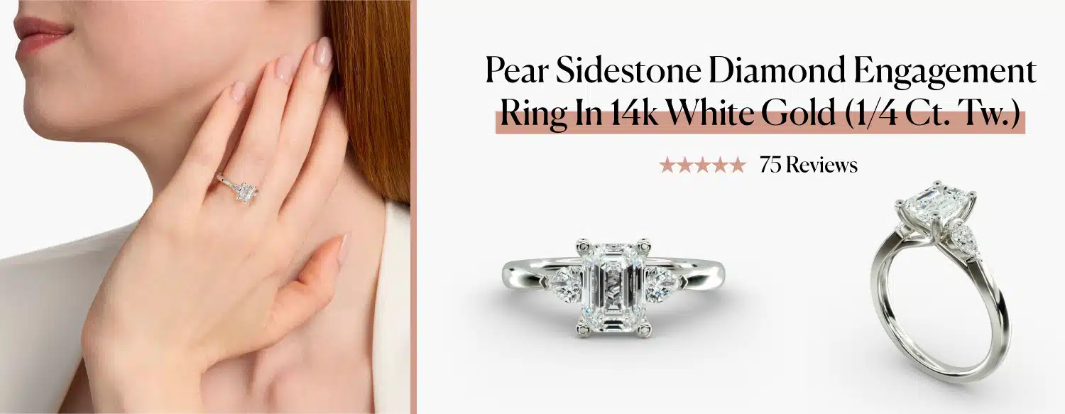 A model wearing the Pear Sidestone Diamond Engagement Ring with an emerald-cut center stone from Blue Nile, next to two studio shots of the ring.