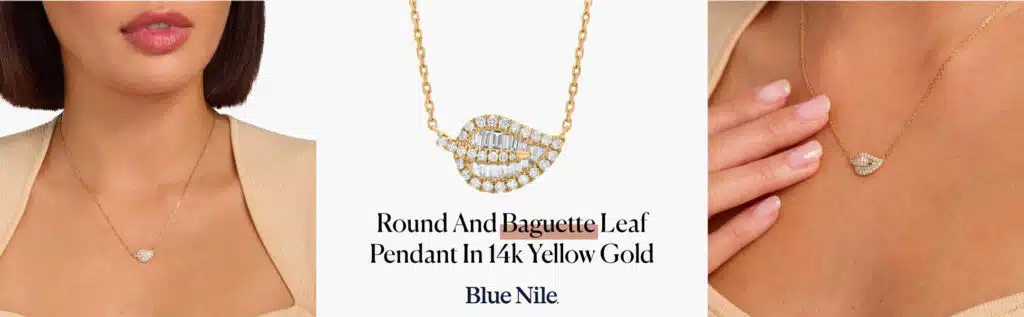 Round And Baguette Leaf Pendant In 14k Yellow Gold