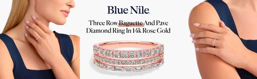 Three Row Baguette And Pave Diamond Ring In 14k Rose Gold