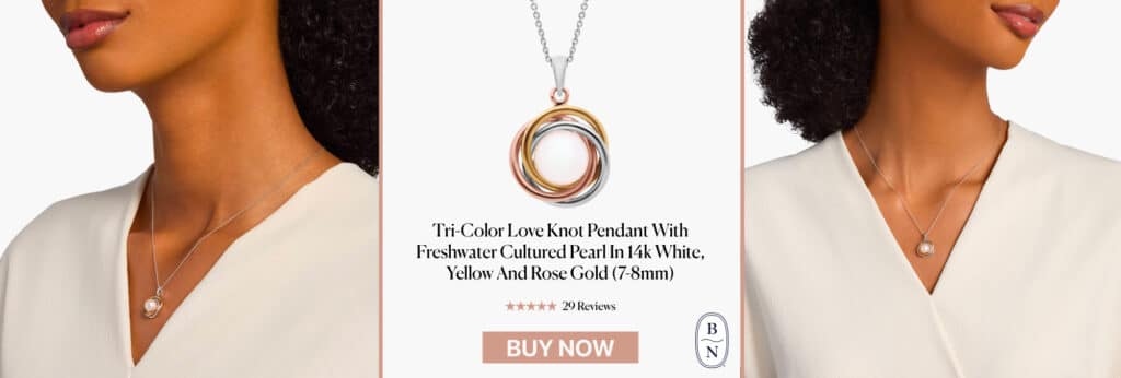 Tri-Color Love Knot Pendant With Freshwater Cultured Pearl In 14k White, Yellow And Rose Gold (7-8mm)
