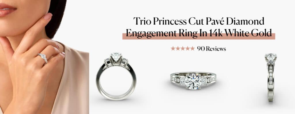 The Trio Princess Cut Pavé Diamond Engagement Ring in 14k White Gold, shown on a model's finger and from three different studio angles.