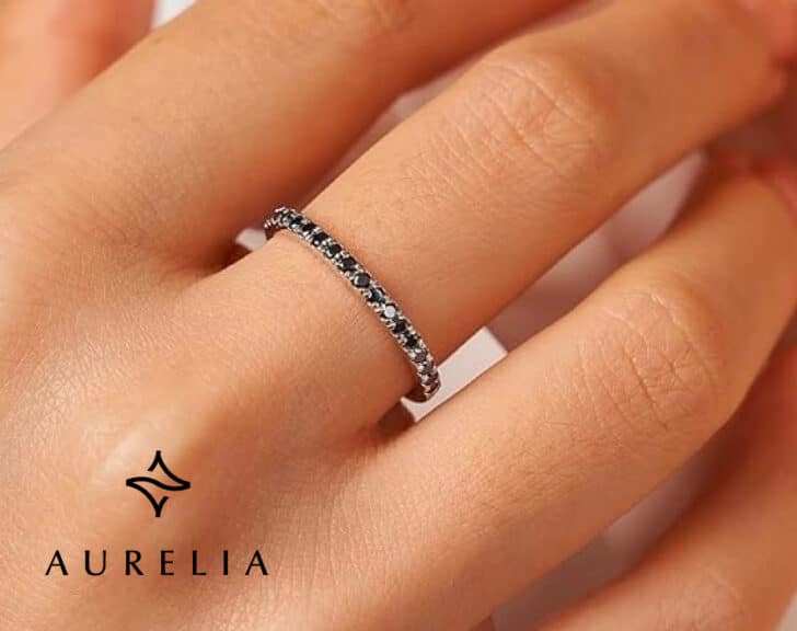 Black Moissanite Wedding Band for Women Sterling Silver Moissanite Rings for Women with 18K White Gold Plated Half Eternity Bands ring for Women