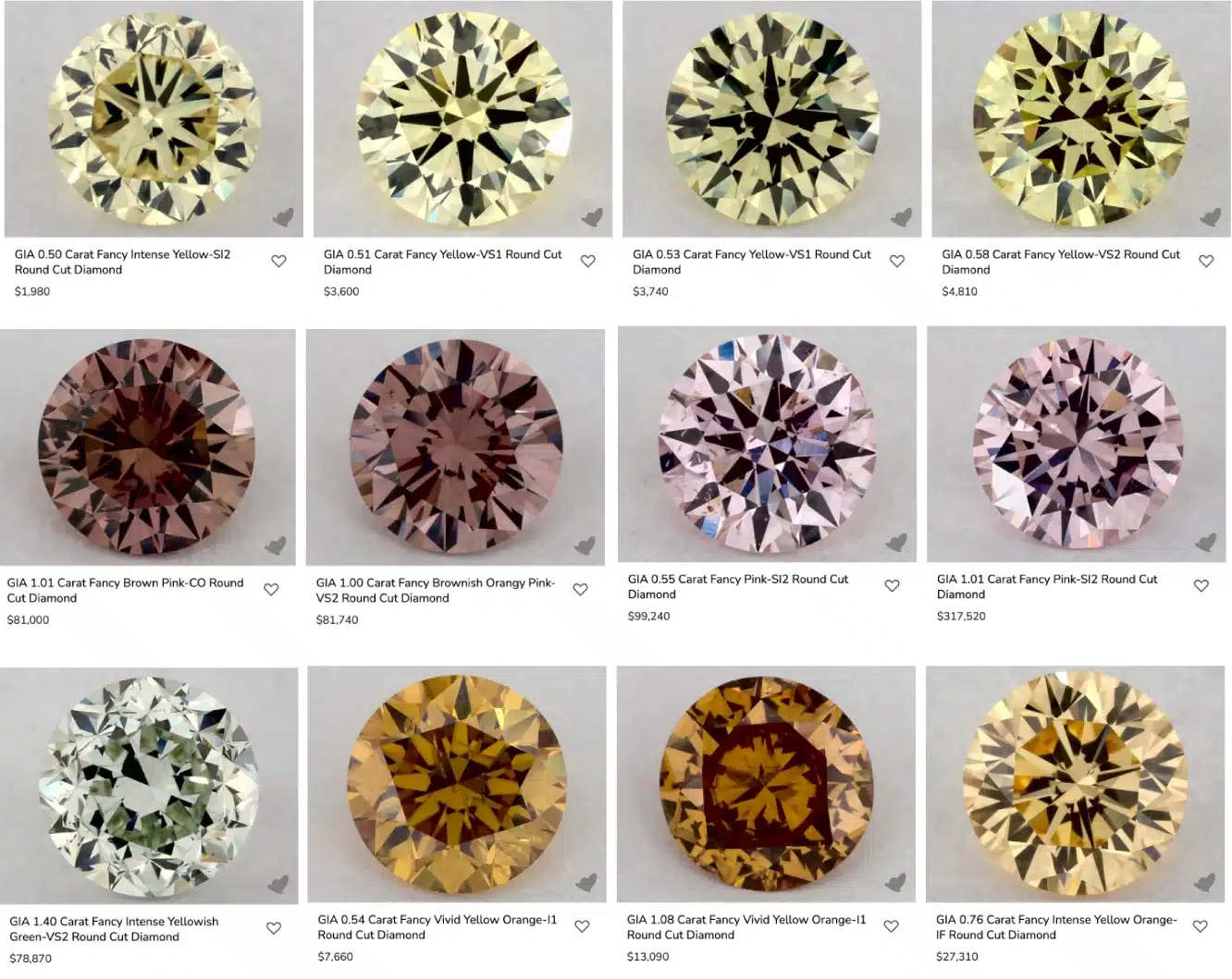A gallery view from the James Allen website displaying twelve different fancy colored round diamonds, including yellow, pink, brownish-pink, and yellowish-green hues.