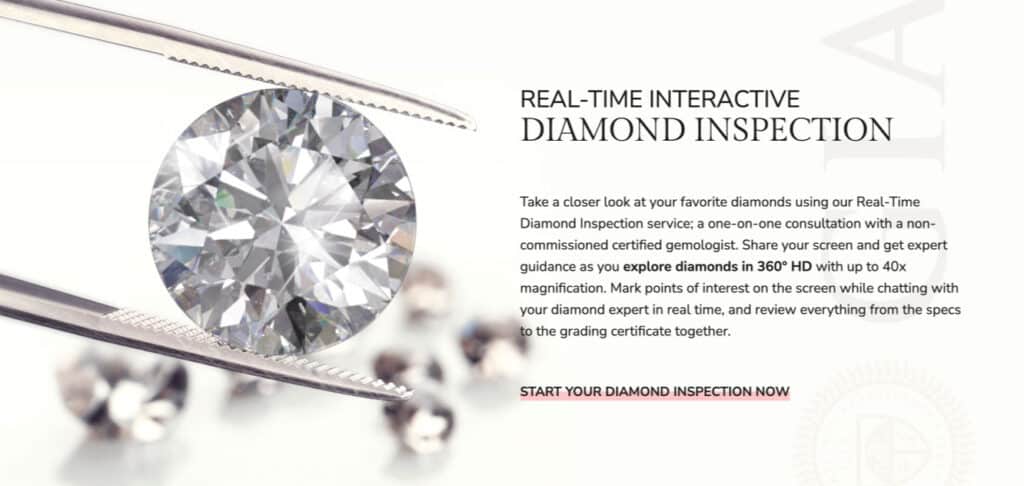 A screenshot of a James Allen engagement ring page, with a large red arrow pointing to the 360° video feature, demonstrating its importance.