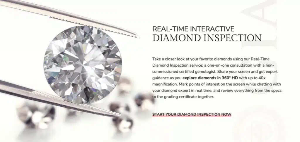 A promotional image for the James Allen Real-Time Interactive Diamond Inspection service, showing a brilliant round diamond held by tweezers and describing the one-on-one consultation with an expert.