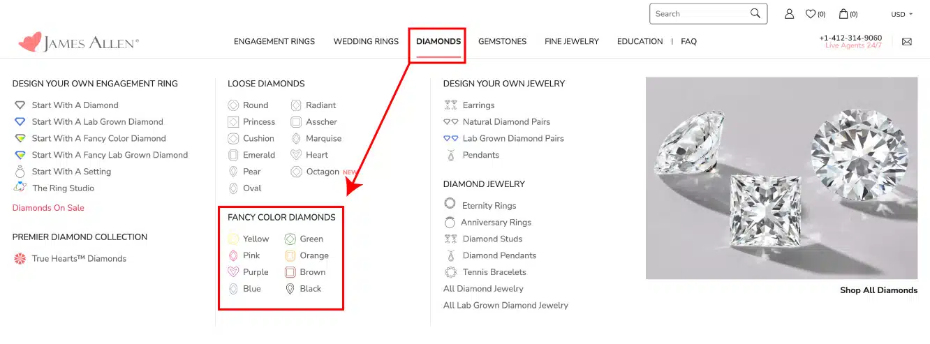 A screenshot of the James Allen website menu, showing how to navigate to the Fancy Color Diamonds section using the main 'Diamonds' tab and the specific color filters.