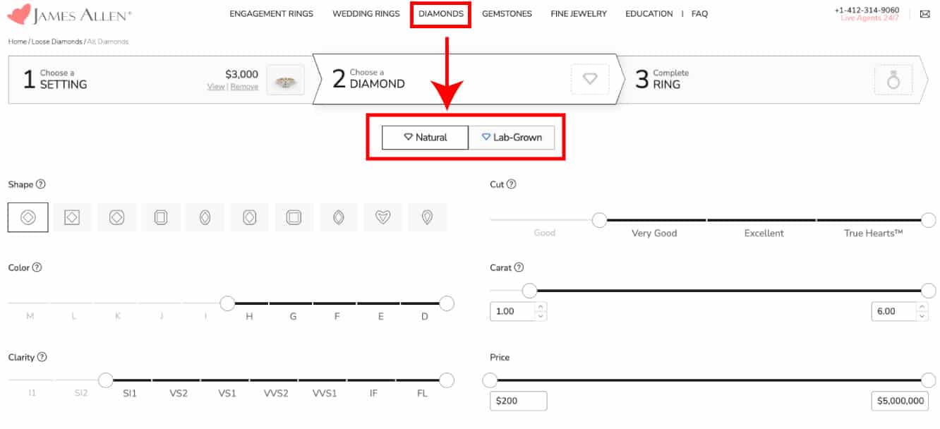 A screenshot of the James Allen diamond search tool, highlighting the filter options for natural vs. lab-grown diamonds and the sliders for the 4Cs.