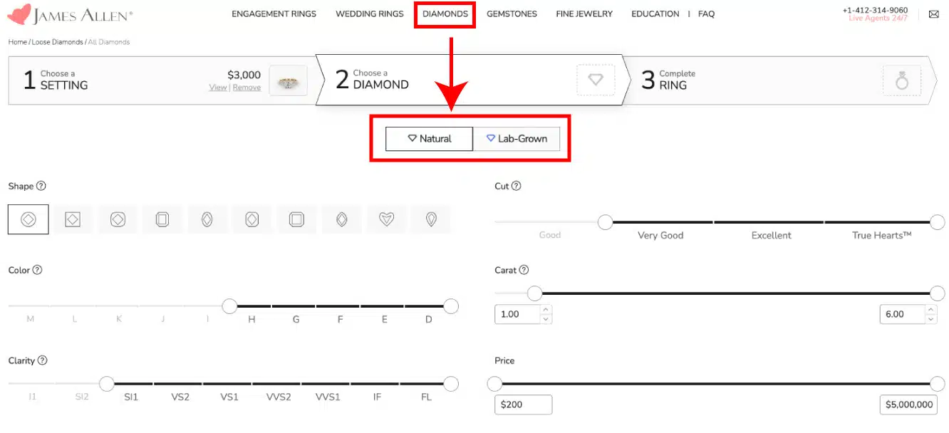 A screenshot of the James Allen diamond search tool, highlighting the filter options for natural vs. lab-grown diamonds and the sliders for the 4Cs.