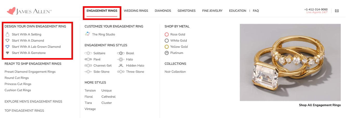 A screenshot of the James Allen website's engagement ring menu, showing the 'Design Your Own Engagement Ring' options like 'Start With A Setting' and 'Start With A Diamond'.
