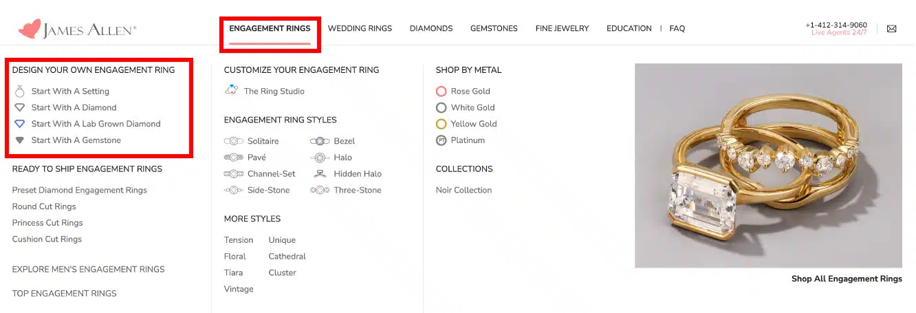 A screenshot of the James Allen website's engagement ring menu, showing the 'Design Your Own Engagement Ring' options like 'Start With A Setting' and 'Start With A Diamond'.
