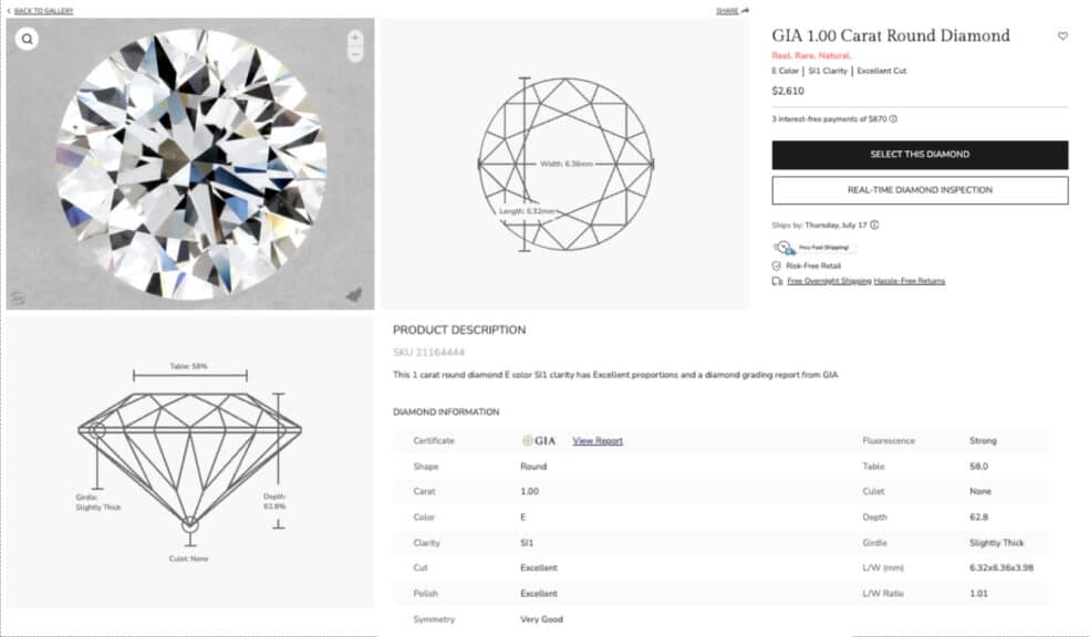 A complete screenshot of a James Allen product page for a 1.00 carat GIA-certified diamond, detailing its price, 360° video, and full GIA report specs.