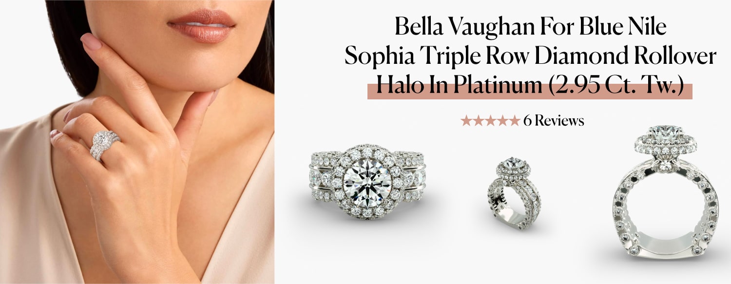 A model wearing the Bella Vaughan for Blue Nile Sophia Triple Row Diamond Halo engagement ring, next to three studio shots of the intricate platinum ring.