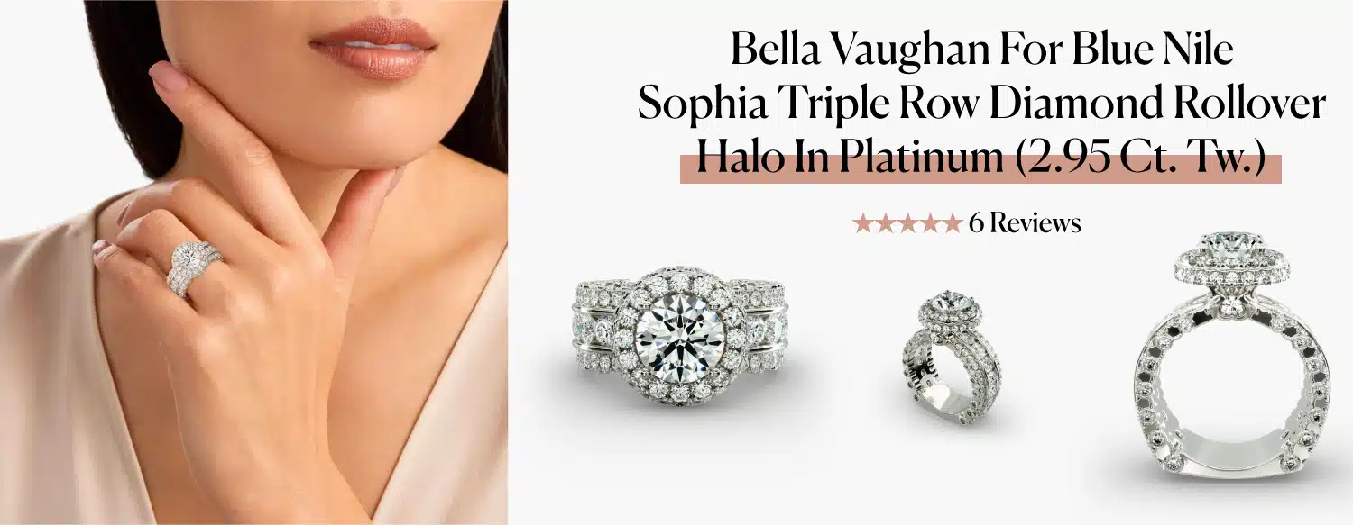 A model wearing the Bella Vaughan for Blue Nile Sophia Triple Row Diamond Halo engagement ring, next to three studio shots of the intricate platinum ring.