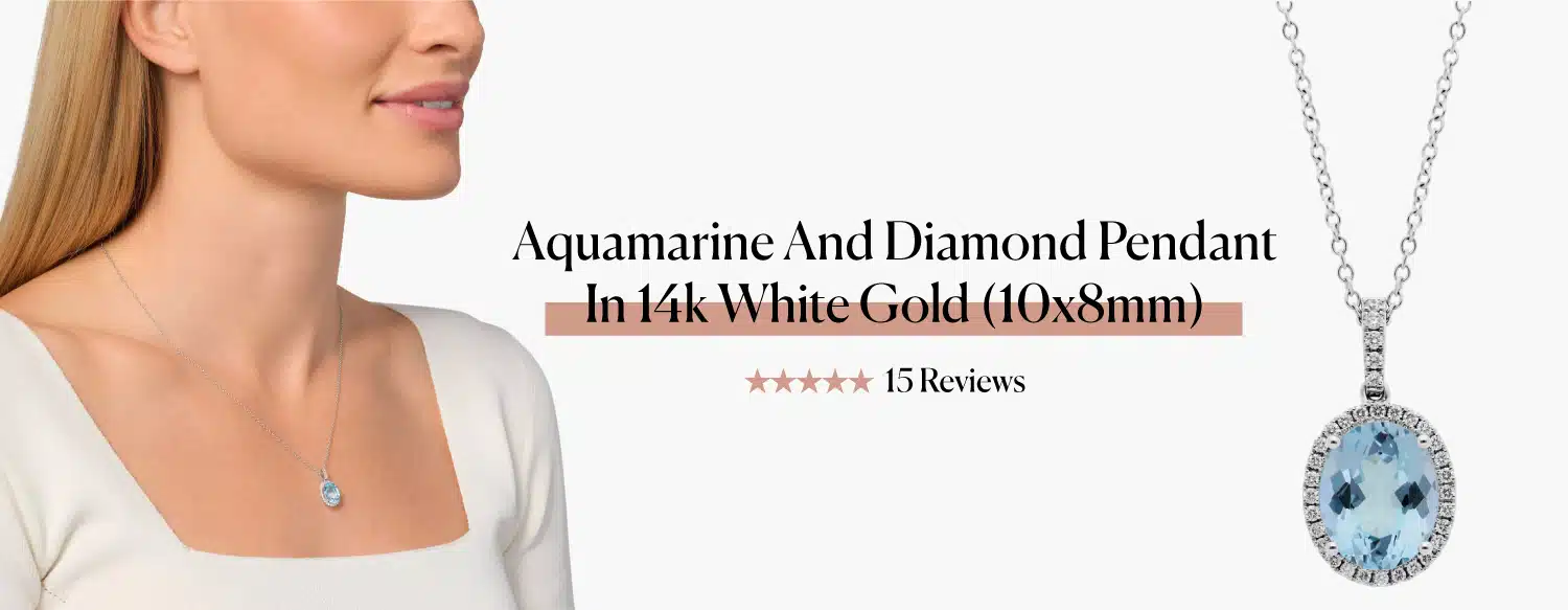 A model wearing the Aquamarine and Diamond Halo Pendant in 14k White Gold from Blue Nile, with a studio shot of the pendant's details.
