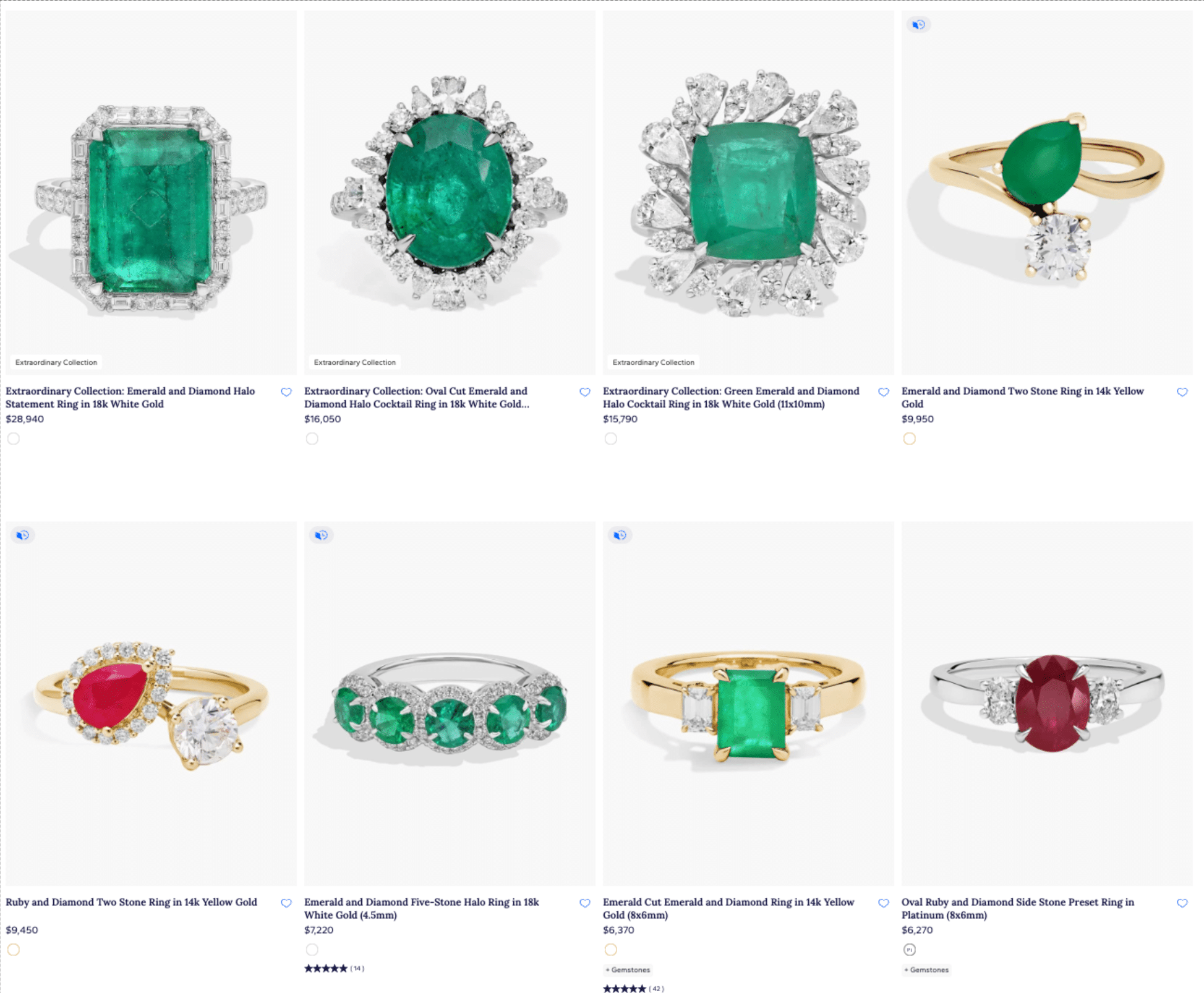 Assortment of Blue Nile gemstone rings featuring emeralds and rubies, including halo, cocktail, and two-stone designs. The image shows the challenging color representation of highly saturated gems like emerald and ruby when shopping online, which is a key consideration before purchase.