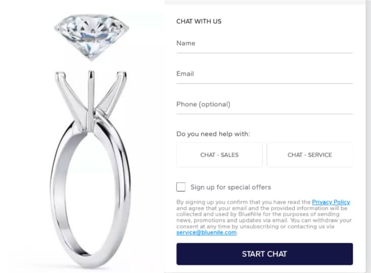 A screenshot of Blue Nile's 24/7 customer service live chat interface, offering options for sales and service help.