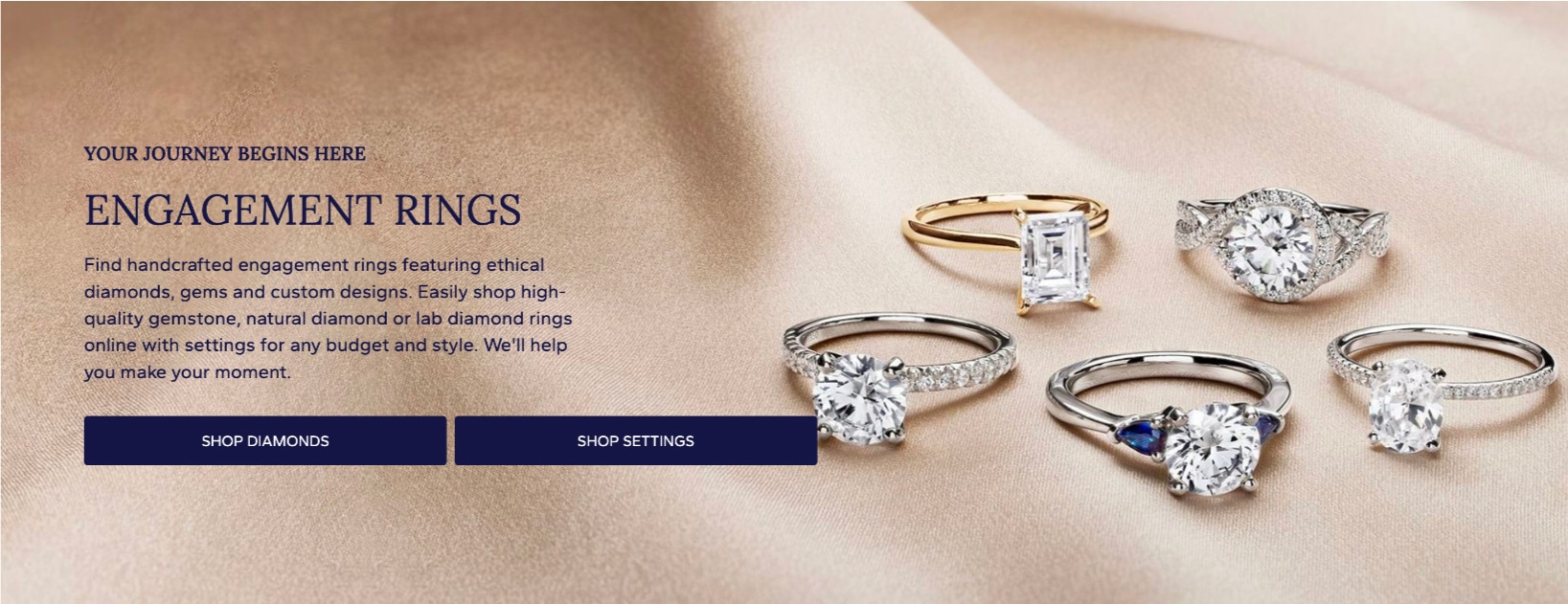 A promotional banner for Blue Nile Engagement Rings, showcasing a variety of popular diamond ring styles on a satin background.