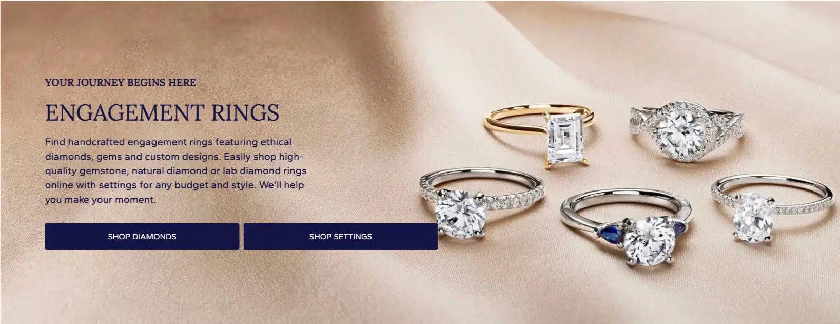 A promotional banner for Blue Nile Engagement Rings, showcasing a variety of popular diamond ring styles on a satin background.
