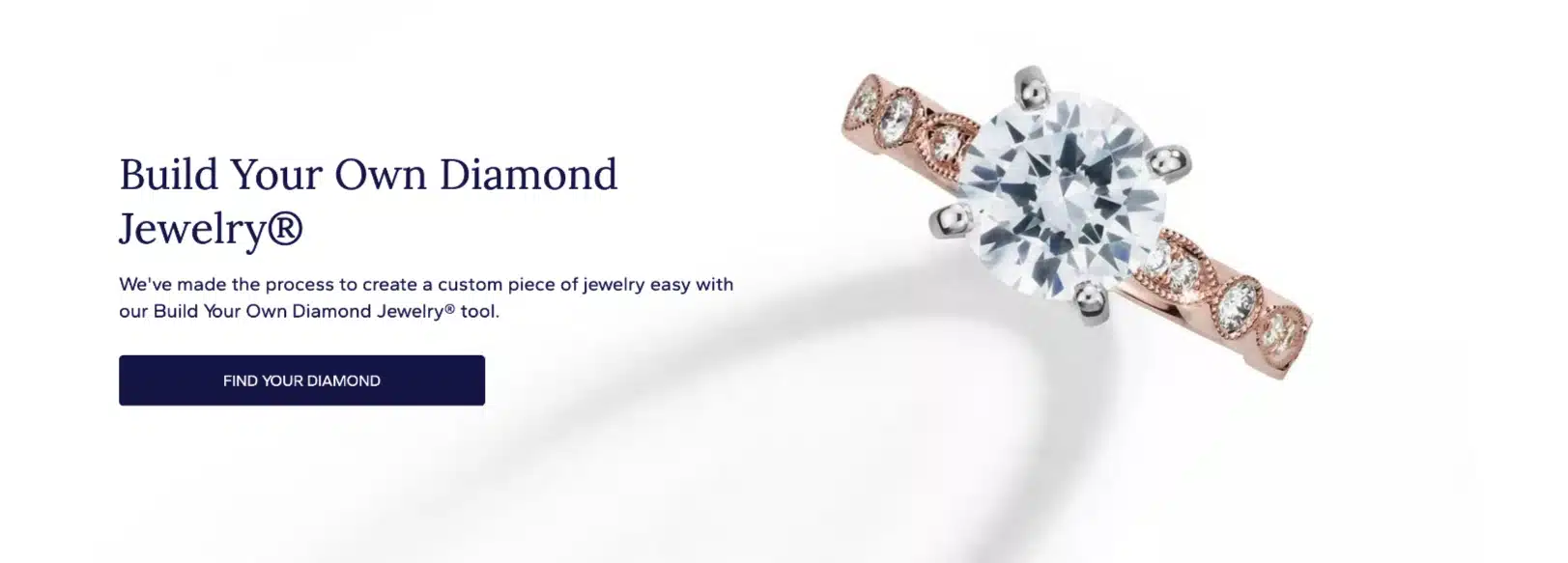 Promotional banner for Blue Nile's 'Build Your Own Diamond Jewelry' tool, featuring a six-prong milgrain engagement ring.