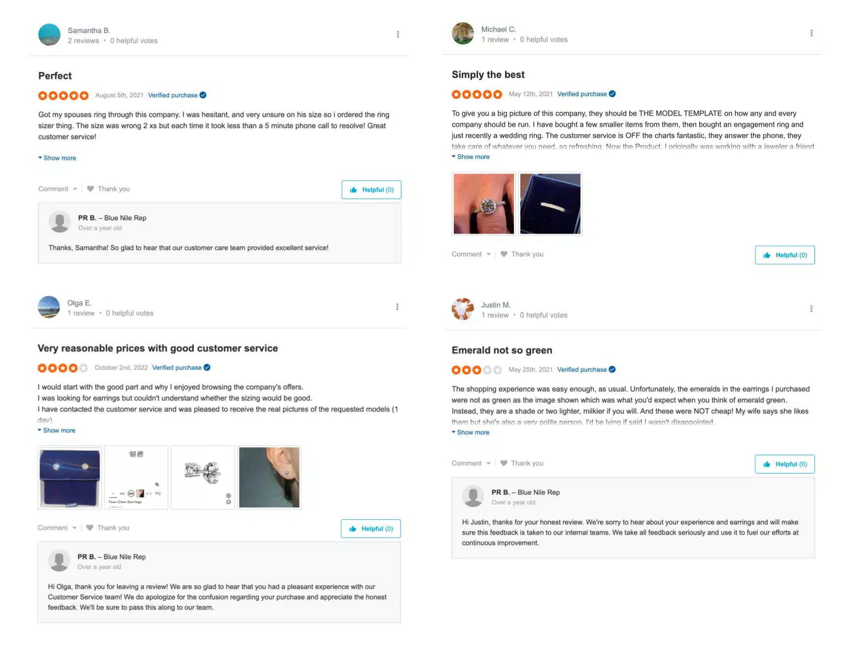 Compilation of Sitejabber and other Blue Nile reviews showcasing positive customer service experiences from Michael C. and Samantha B., and a critical review of an emerald's color.