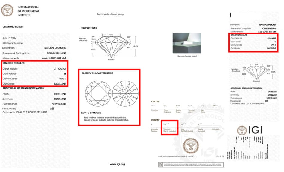 1.11 Carat Round Diamond, H Color, VVS1 Clarity, Excellent Cut Diamond Report