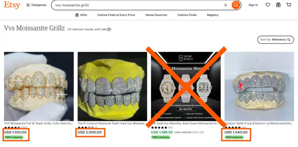 etsy moissanite grillz product screenshot