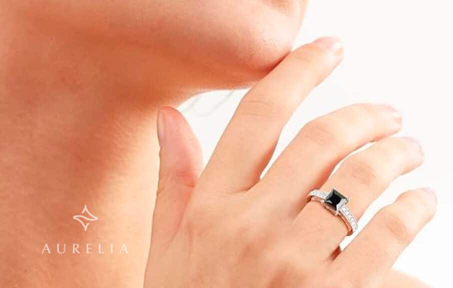 Black Moissanite Engagement Rings for Women, VVS1 Princess Cut Eternity Diamond Sterling Silver Plated 18K White Gold Natural Gemstone Jewelry valentine's day jewelry gifts