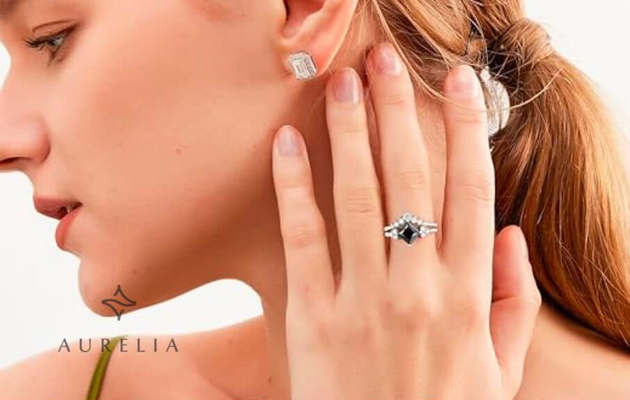 2CT Black Moissanite Bridal Ring Sets for Women 2PC Engagement Ring Sets,Princess Cut S925 Sterling Silver,Natural Gemstone Jewelry Sets,Anniversary Wedding Gift