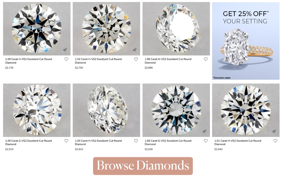 A gallery view from the James Allen website showing a selection of 1-carat excellent cut round diamonds with their prices, demonstrating the wide range of available options.