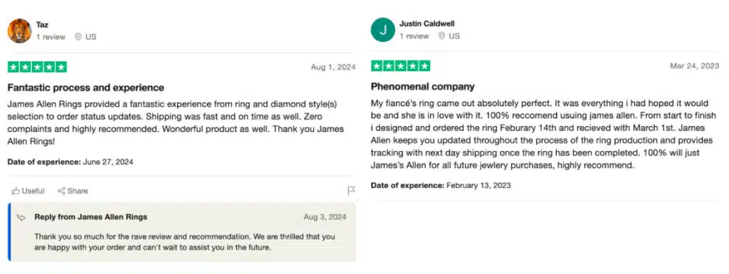 james allen review screenshot in trustpilot about fast shipping and free return