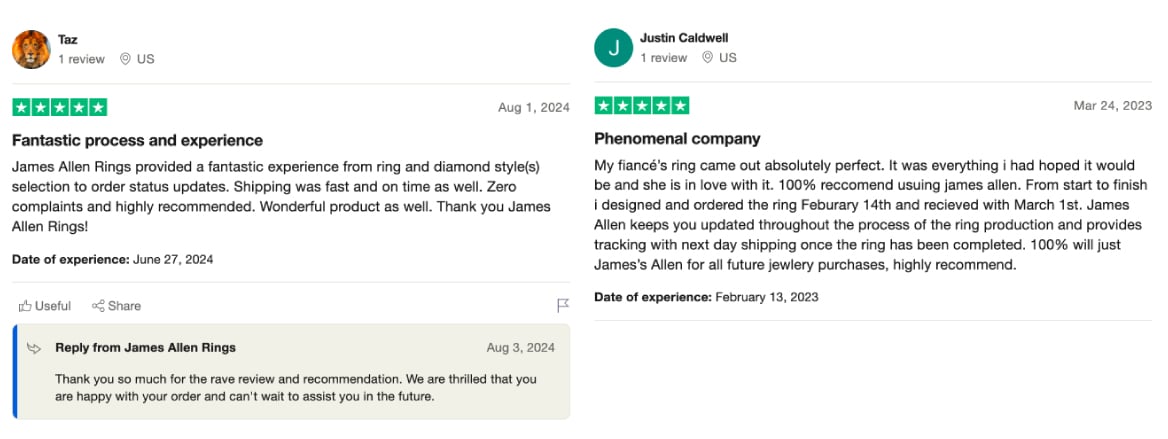 Two 5-star Trustpilot reviews for James Allen, praising the company for a 'fantastic process' and being a 'phenomenal company' for an engagement ring purchase.