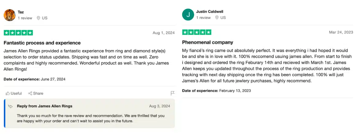 Two 5-star Trustpilot reviews for James Allen, praising the company for a 'fantastic process' and being a 'phenomenal company' for an engagement ring purchase.