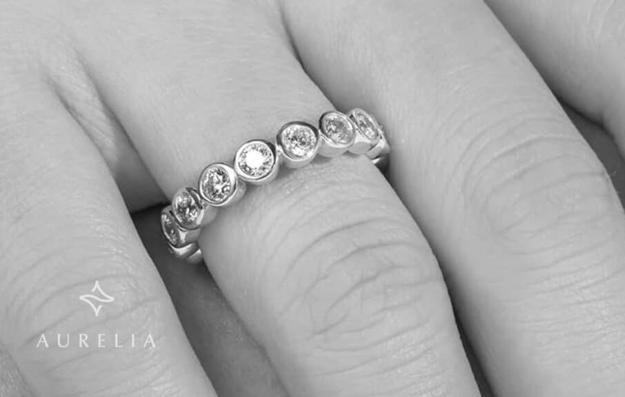 moissaite eternity band model's hand show