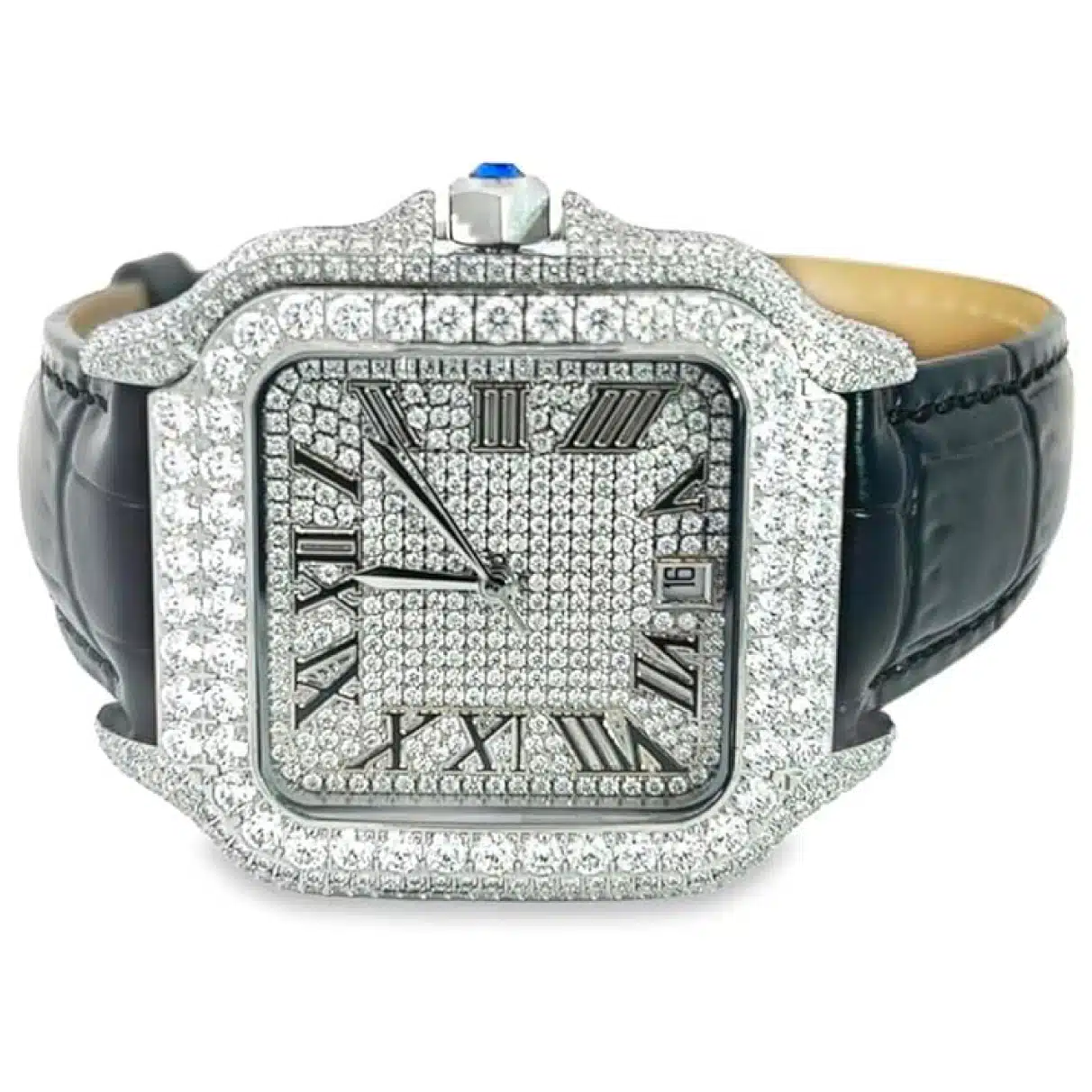 Moissanite Watch with Black Croco Leather Band