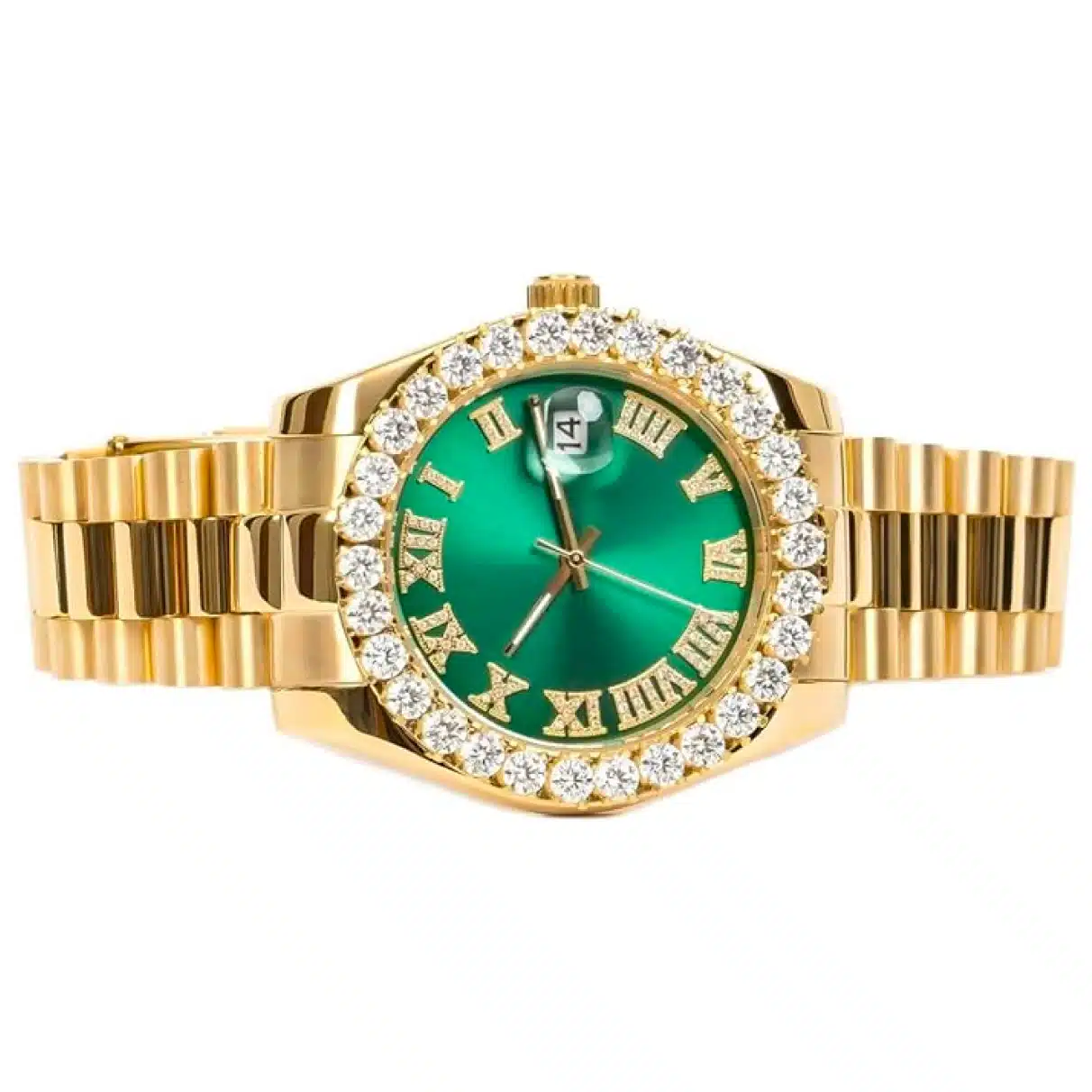 VS MoissaniteRoman Green Dial 14k Gold Tone Watch